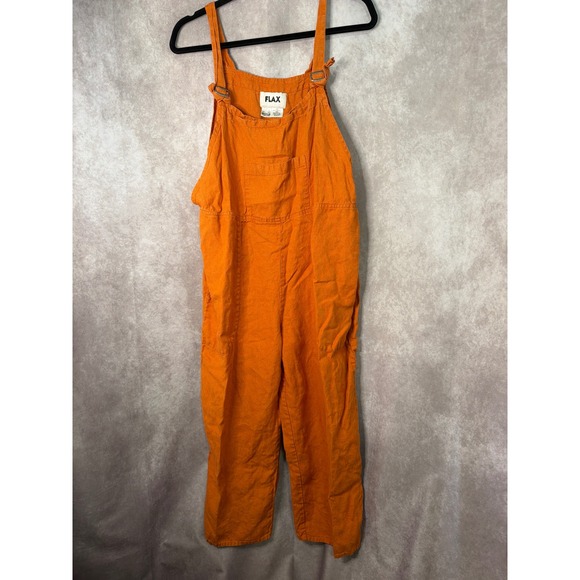 FLAX 100% Linen Pumpkin Orange‎ Overalls Jumpsuit Boho Womens Medium Baggy - Picture 2 of 4